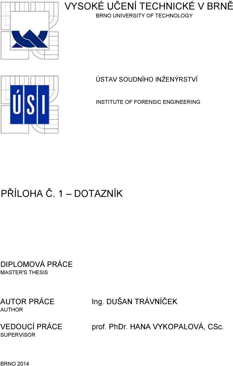 1 DOTAZNÍK DIPLOMOVÁ PRÁCE MASTER'S THESIS AUTOR PRÁCE AUTHOR VEDOUCÍ