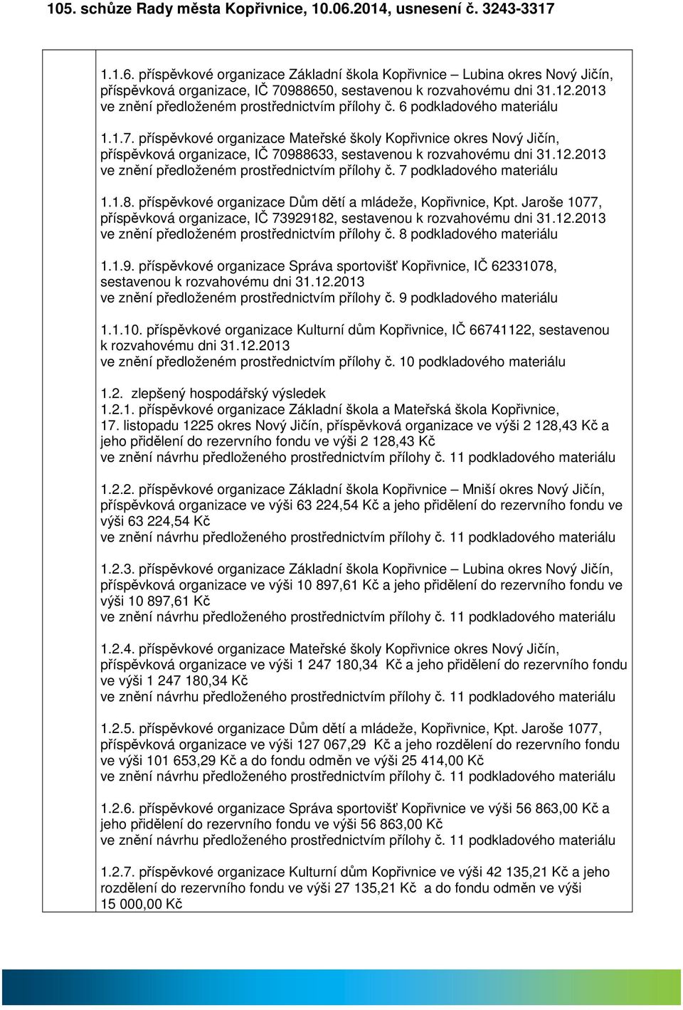 příspěvkové orgnizce Mteřské školy Kopřivnice okres Nový Jičín, příspěvková orgnizce, IČ 70988633, sestvenou k rozvhovému dni 31.12.2013 ve znění předloženém prostřednictvím přílohy č.