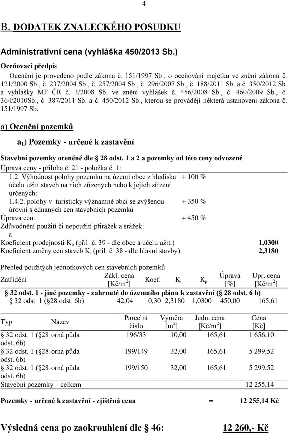 a č. 450/2012 Sb., kterou se provádějí některá ustanovení zákona č. 151/1997 Sb. a) Ocenění pozemků a 1 ) Pozemky - určené k zastavění Stavební pozemky oceněné dle 28 odst.