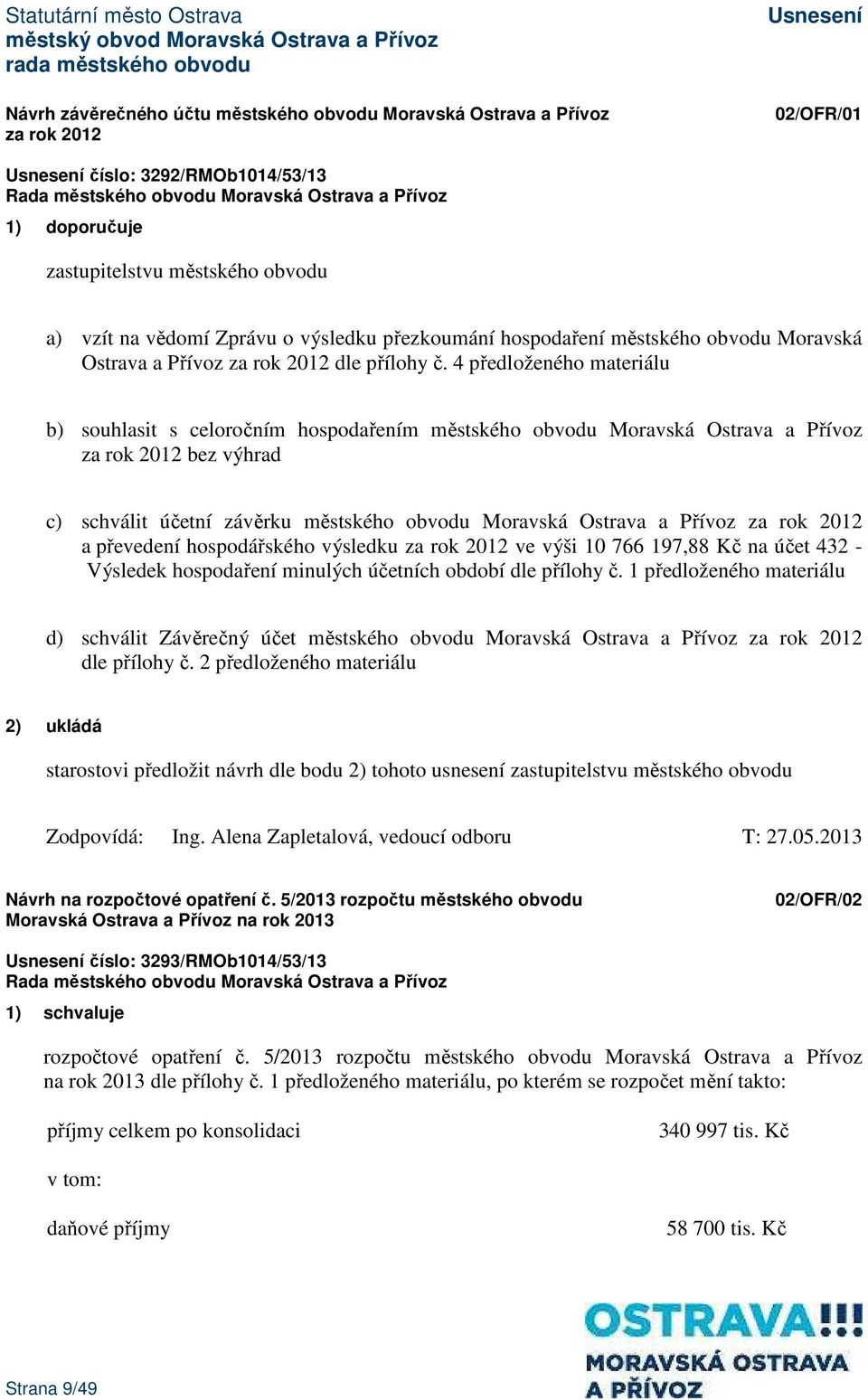 4 předloženého materiálu b) souhlasit s celoročním hospodařením městského obvodu Moravská Ostrava a Přívoz za rok 2012 bez výhrad c) schválit účetní závěrku městského obvodu Moravská Ostrava a Přívoz