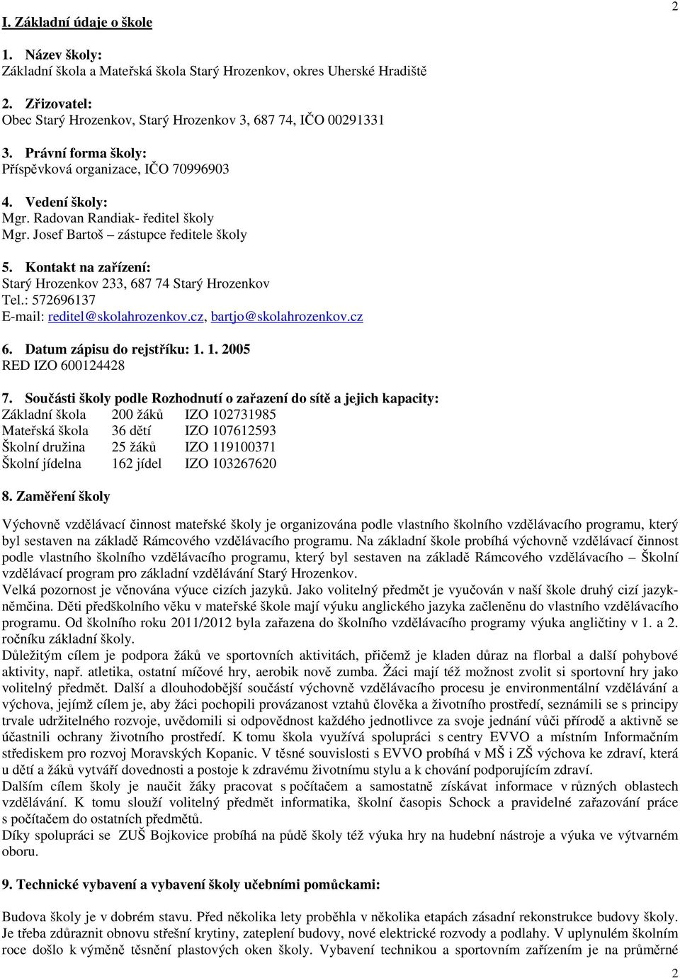 Kontakt na zařízení: Starý Hrozenkov 233, 687 74 Starý Hrozenkov Tel.: 572696137 E-mail: reditel@skolahrozenkov.cz, bartjo@skolahrozenkov.cz 6. Datum zápisu do rejstříku: 1. 1. 2005 RED IZO 600124428 7.
