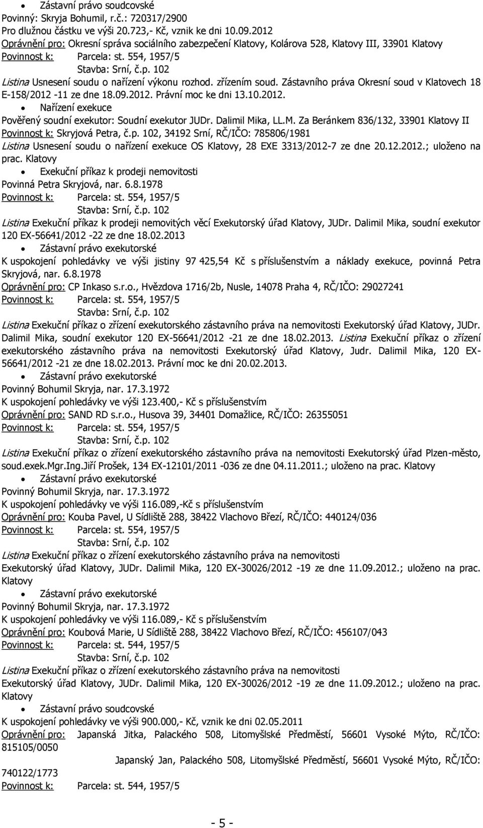 Zástavního práva Okresní soud v Klatovech 18 E-158/2012-11 ze dne 18.09.2012. Právní moc ke dni 13.10.2012. Pověřený soudní exekutor: Soudní exekutor JUDr. Dalimil Mi