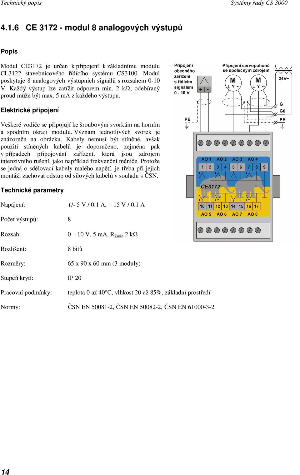 Elektrické připojení Veškeré vodiče se připojují ke šroubovým svorkám na horním a spodním okraji modulu. Význam jednotlivých svorek je znázorněn na obrázku.