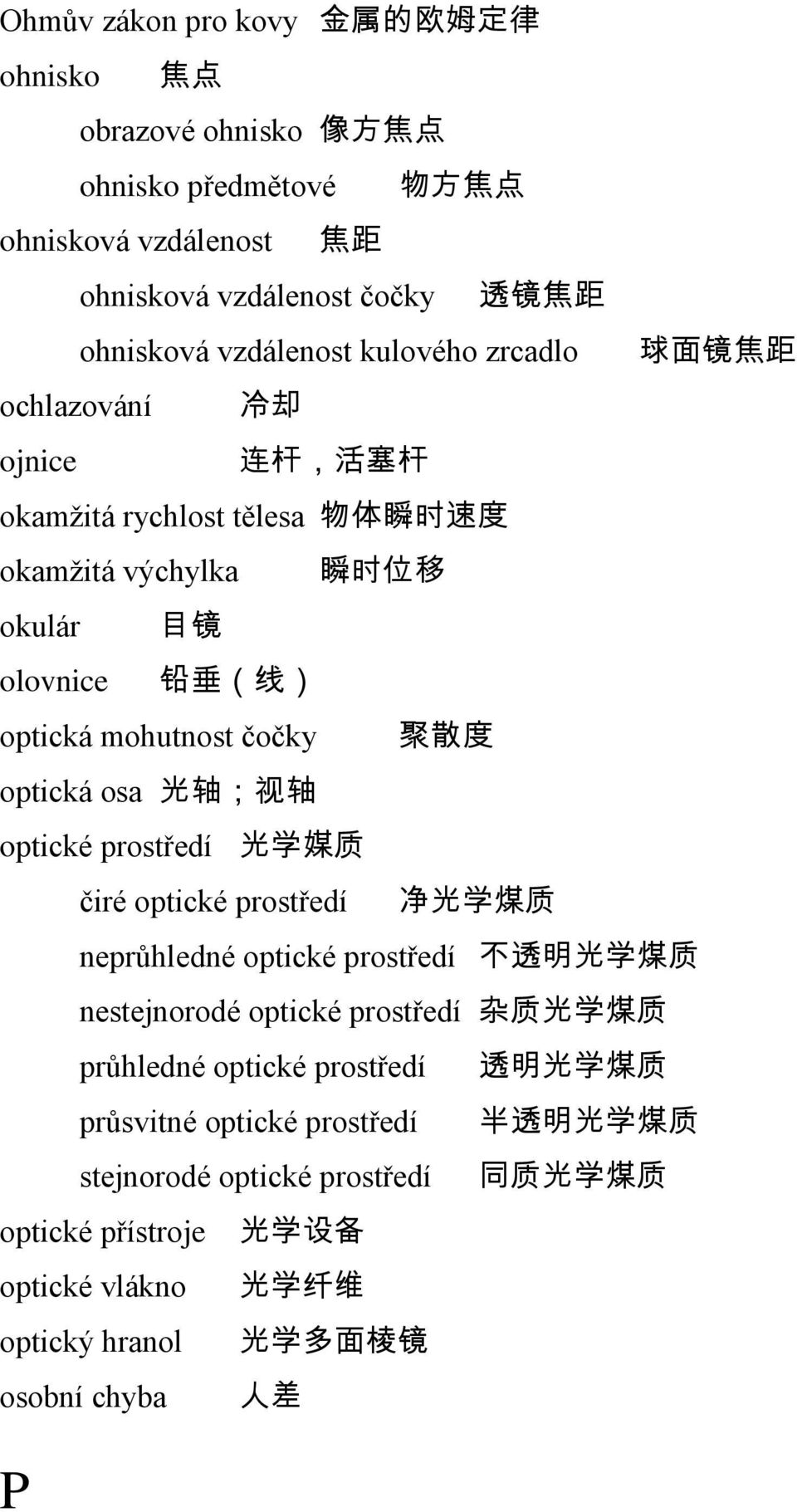 optická osa 光 轴 ; 视 轴 optické prostředí 光 学 媒 质 čiré optické prostředí 净 光 学 煤 质 neprůhledné optické prostředí 不 透 明 光 学 煤 质 nestejnorodé optické prostředí 杂 质 光 学 煤 质 průhledné optické