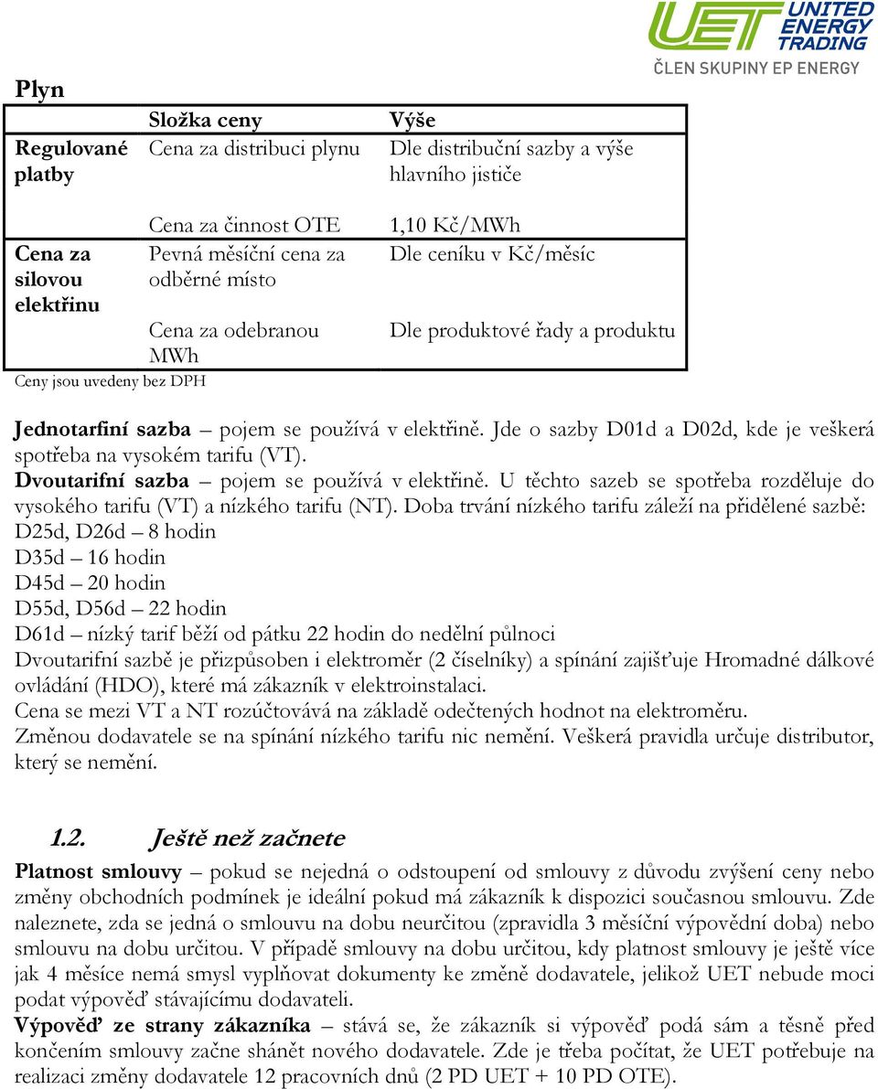 Jde o sazby D01d a D02d, kde je veškerá spotřeba na vysokém tarifu (VT). Dvoutarifní sazba pojem se používá v elektřině.