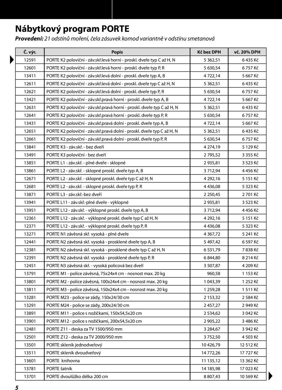 dveře typ A, B 4 722,14 5 667 Kč 12611 PORTE K2 poloviční - záv.skř.levá dolní - proskl. dveře typ C až H, N 5 362,51 6 435 Kč 12621 PORTE K2 poloviční - záv.skř.levá dolní - proskl. dveře typ P, R 5 630,54 6 757 Kč 13421 PORTE K2 poloviční - záv.
