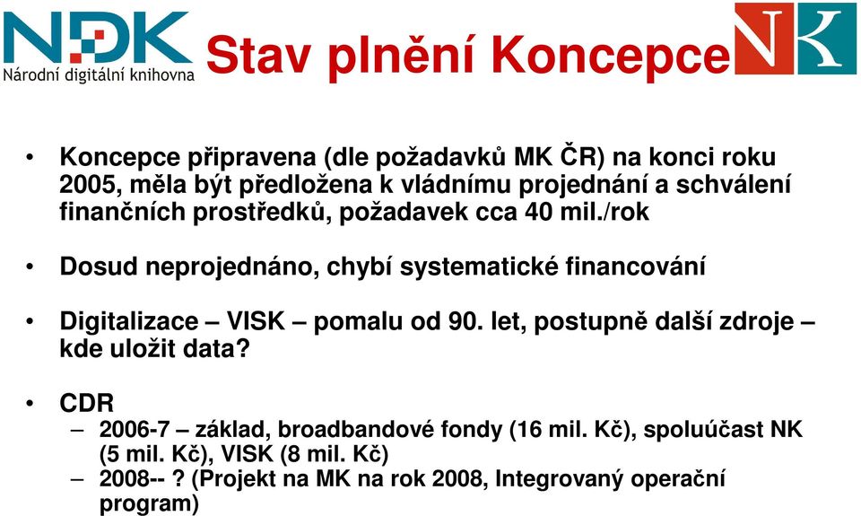 /rok Dosud neprojednáno, chybí systematické financování Digitalizace VISK pomalu od 90.