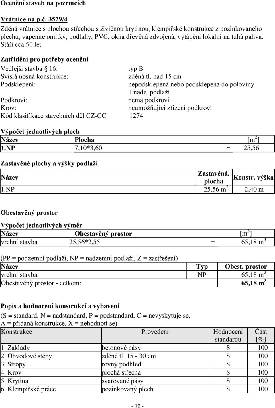 Stáří cca 50 let. Zatřídění pro potřeby ocenění Vedlejší stavba 16: typ B Svislá nosná konstrukce: zděná tl. nad 15 cm Podsklepení: nepodsklepená nebo podsklepená do poloviny 1.nadz.