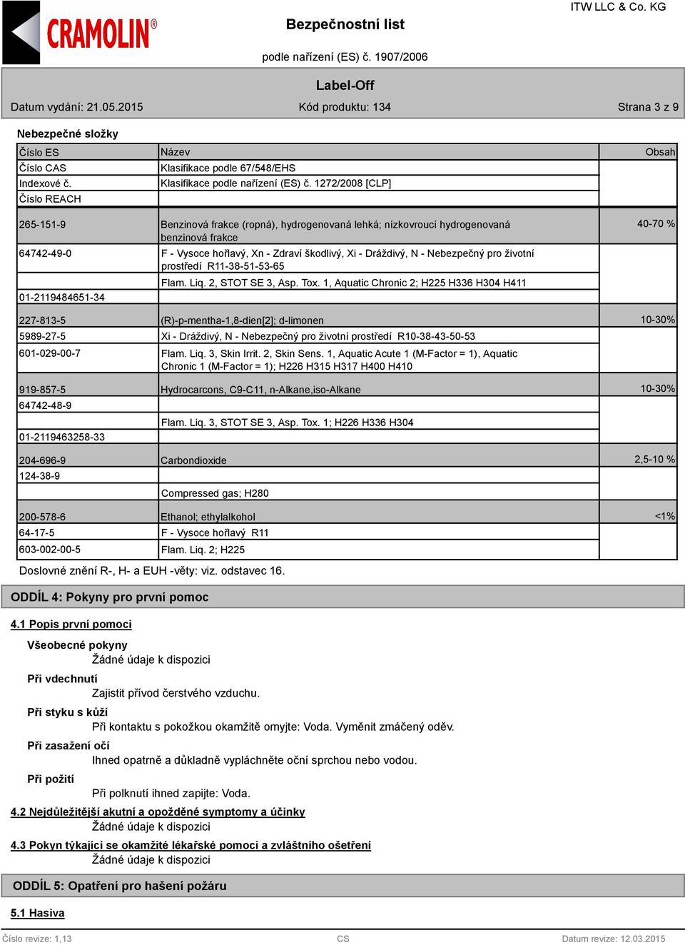 Xi - Dráždivý, N - Nebezpečný pro životní prostředí R11-38-51-53-65 Flam. Liq. 2, STOT SE 3, Asp. Tox.