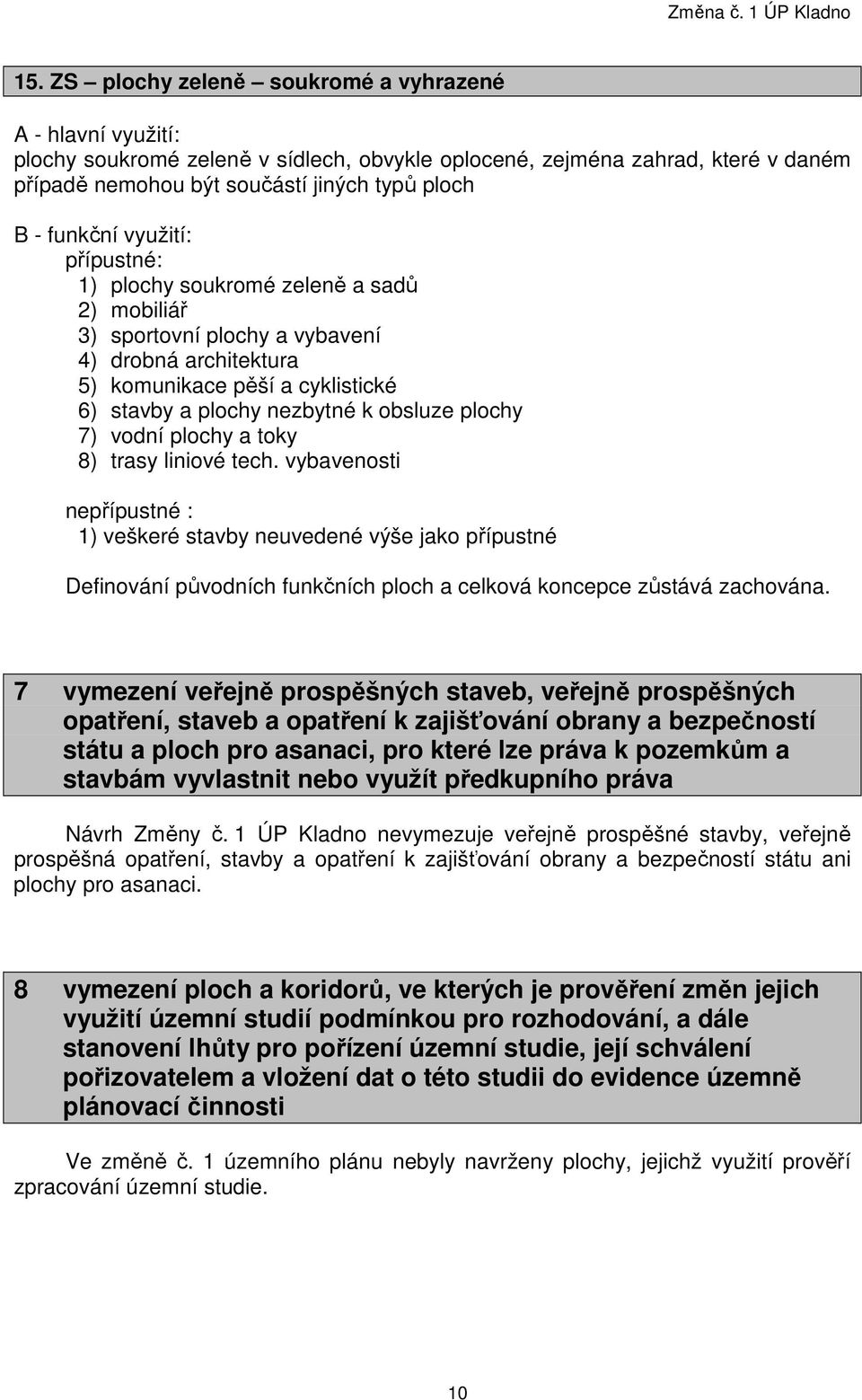 využití: přípustné: 1) plochy soukromé zeleně a sadů 2) mobiliář 3) sportovní plochy a vybavení 4) drobná architektura 5) komunikace pěší a cyklistické 6) stavby a plochy nezbytné k obsluze plochy 7)