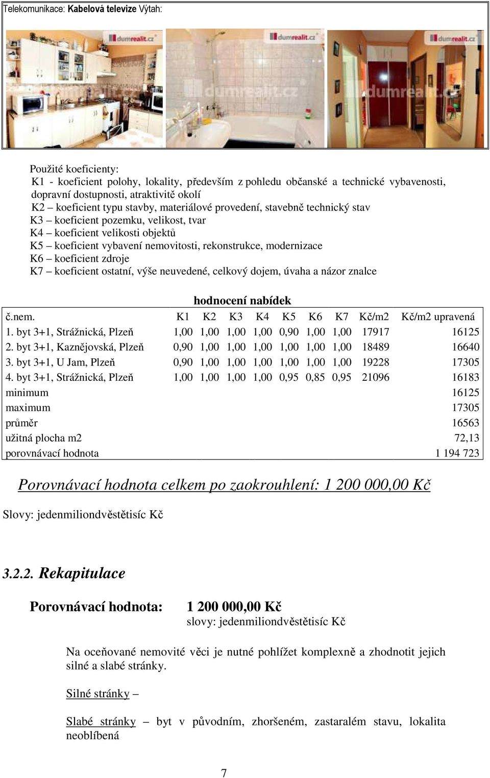 modernizace K6 koeficient zdroje K7 koeficient ostatní, výše neuvedené, celkový dojem, úvaha a názor znalce hodnocení nabídek č.nem. K1 K2 K3 K4 K5 K6 K7 Kč/m2 Kč/m2 upravená 1.