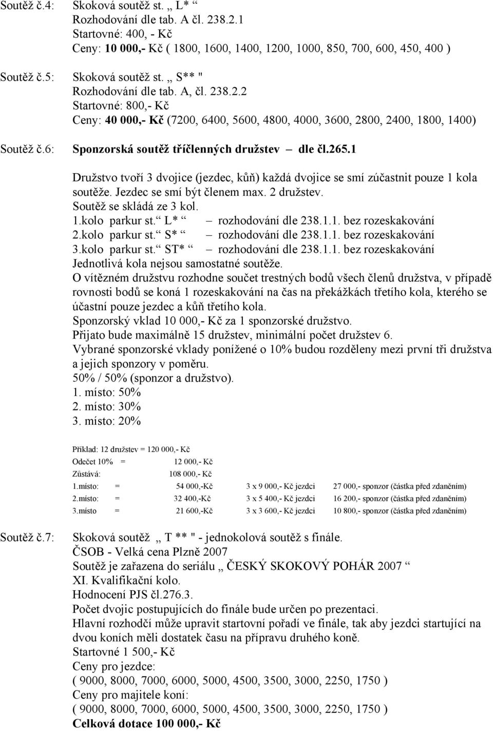 265.1 Družstvo tvoří 3 dvojice (jezdec, kůň) každá dvojice se smí zúčastnit pouze 1 kola soutěže. Jezdec se smí být členem max. 2 družstev. Soutěž se skládá ze 3 kol. 1.kolo parkur st.