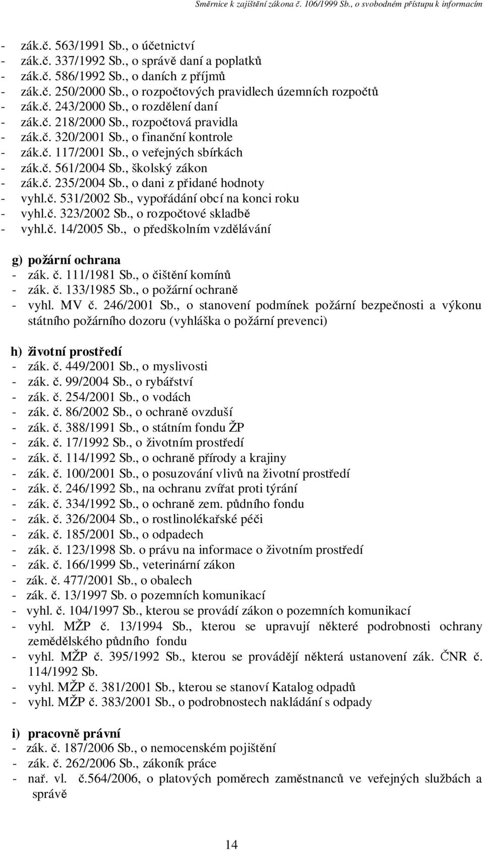 , o dani z přidané hodnoty - vyhl.č. 531/2002 Sb., vypořádání obcí na konci roku - vyhl.č. 323/2002 Sb., o rozpočtové skladbě - vyhl.č. 14/2005 Sb., o předškolním vzdělávání g) požární ochrana - zák.