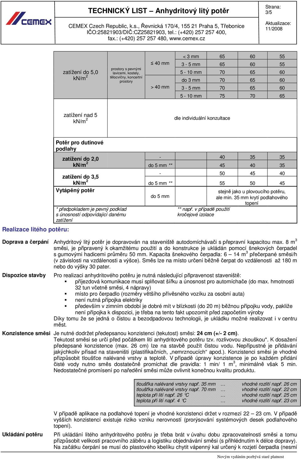 únosností odpovídající danému zatížení - 50 45 40 do 5 mm ** 55 50 45 do 5 mm stejně jako u plovoucího potěru, ale min. 35 mm krytí podlahového topení ** např.