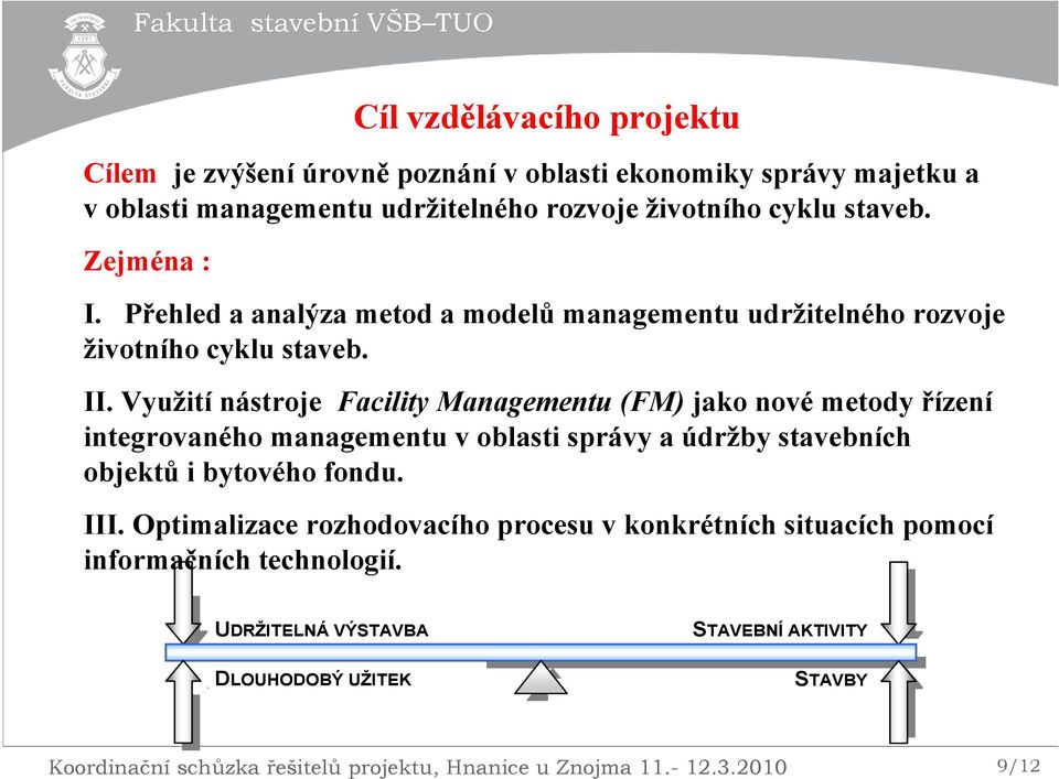 Využití nástroje Facility Managementu (FM) jako nové metody řízení integrovaného managementu v oblasti správy a údržby stavebních objektů i bytového fondu. III.