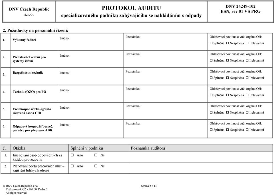 Bezpečnostní technik Jméno: Poznámka: Ohlašovací povinnost vůči orgánu OH: Splněna Nesplněna Irelevantní 4.