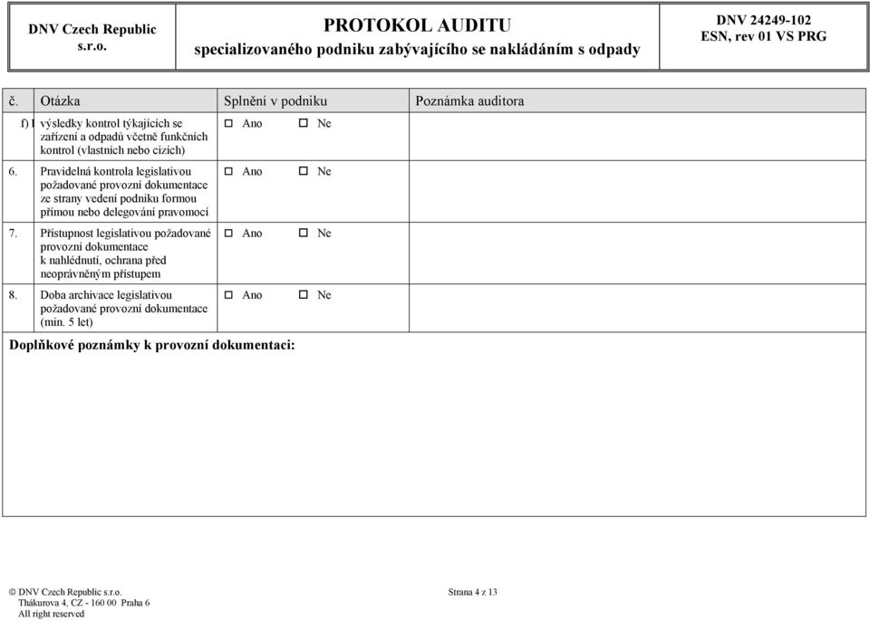 Pravidelná kontrola legislativou požadované provozní dokumentace ze strany vedení podniku formou přímou nebo delegování pravomocí 7.