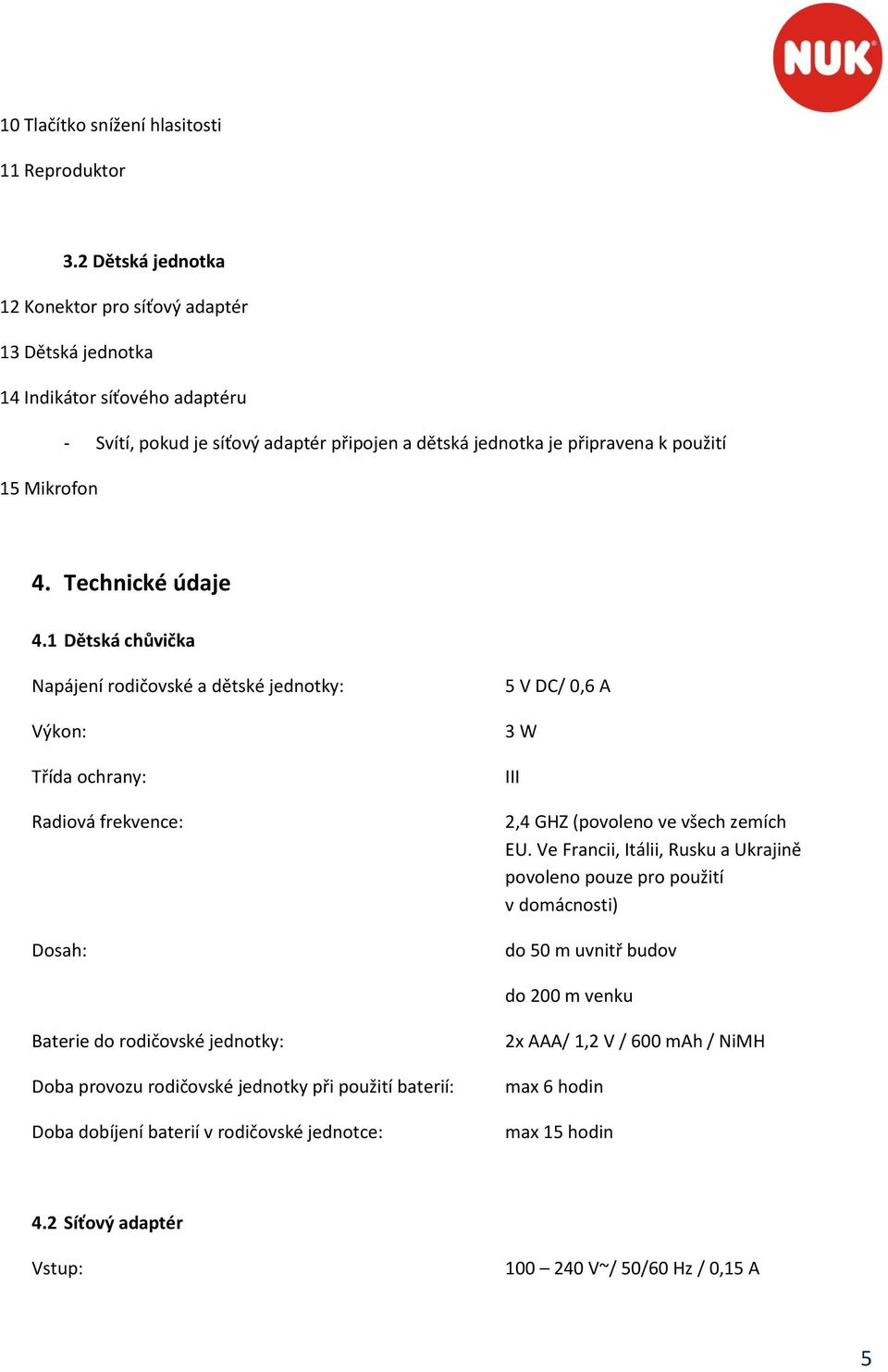 Technické údaje 4.1 Dětská chůvička Napájení rodičovské a dětské jednotky: Výkon: Třída ochrany: Radiová frekvence: Dosah: 5 V DC/ 0,6 A 3 W III 2,4 GHZ (povoleno ve všech zemích EU.