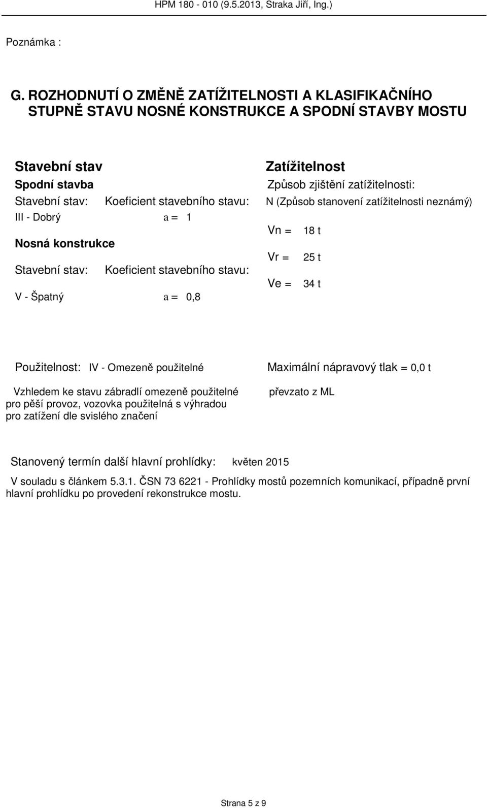 Koeficient stavebního stavu: N (Způsob stanovení zatížitelnosti neznámý) III - Dobrý a = 1 Vn = 18 t Nosná konstrukce Vr = 25 t Stavební stav: Koeficient stavebního stavu: Ve = 34 t V - Špatný a =