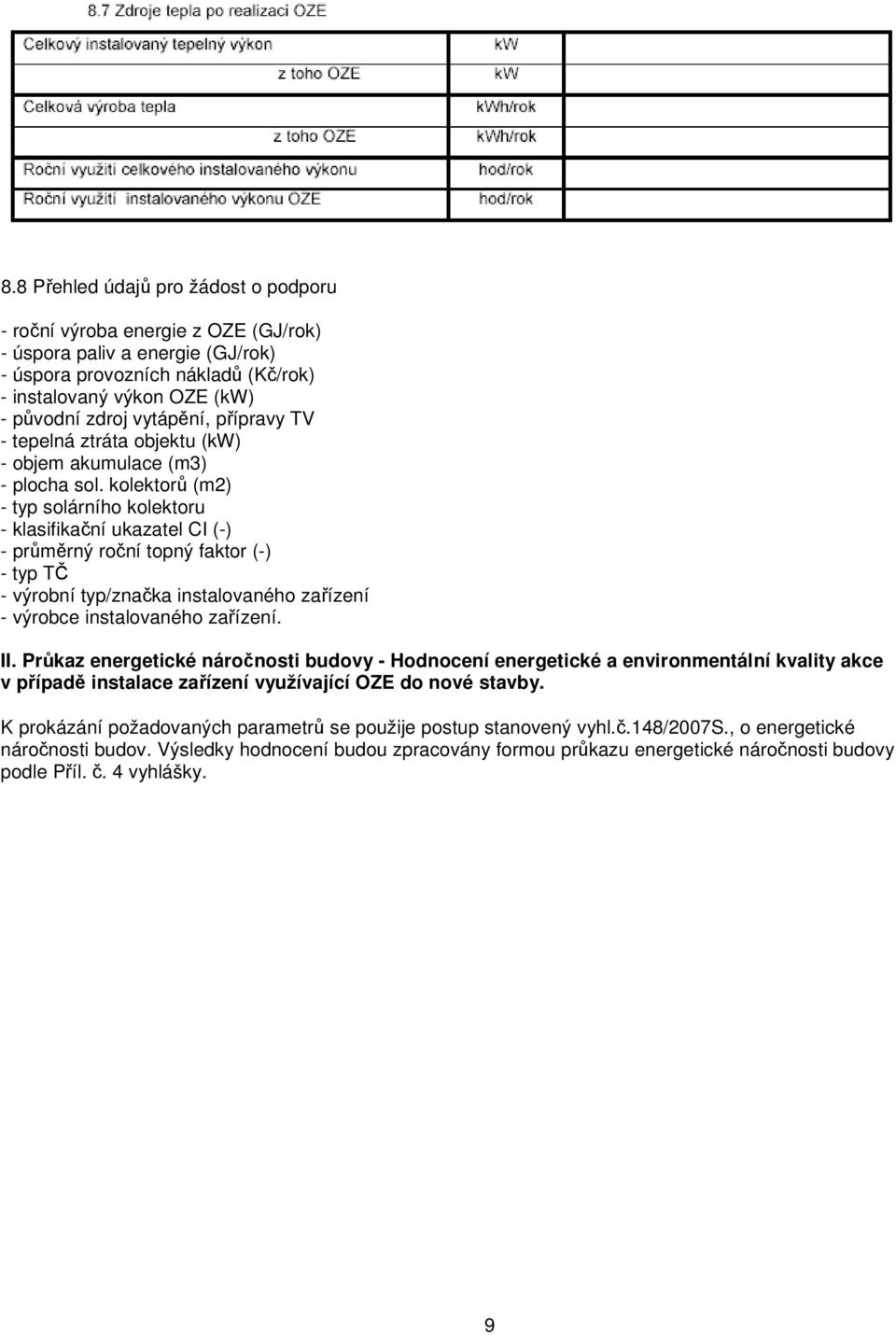 kolektorů (m2) - typ solárního kolektoru - klasifikační ukazatel CI (-) - průměrný roční topný faktor (-) - typ TČ - výrobní typ/značka instalovaného zařízení - výrobce instalovaného zařízení. II.