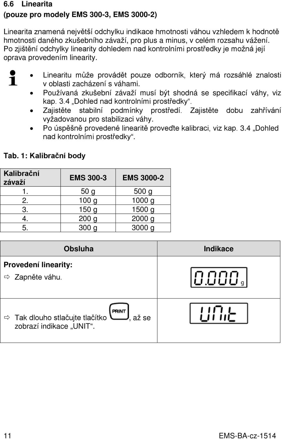 Linearitu může provádět pouze odborník, který má rozsáhlé znalosti v oblasti zacházení s váhami. Používaná zkušební závaží musí být shodná se specifikací váhy, viz kap. 3.