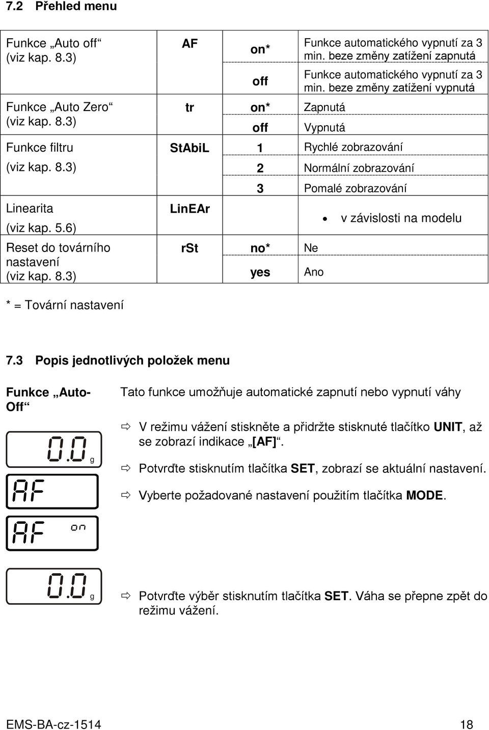 beze změny zatížení vypnutá tr on* Zapnutá off Vypnutá StAbiL 1 Rychlé zobrazování 2 Normální zobrazování 3 Pomalé zobrazování LinEAr v závislosti na modelu rst no* Ne yes Ano * = Tovární nastavení 7.