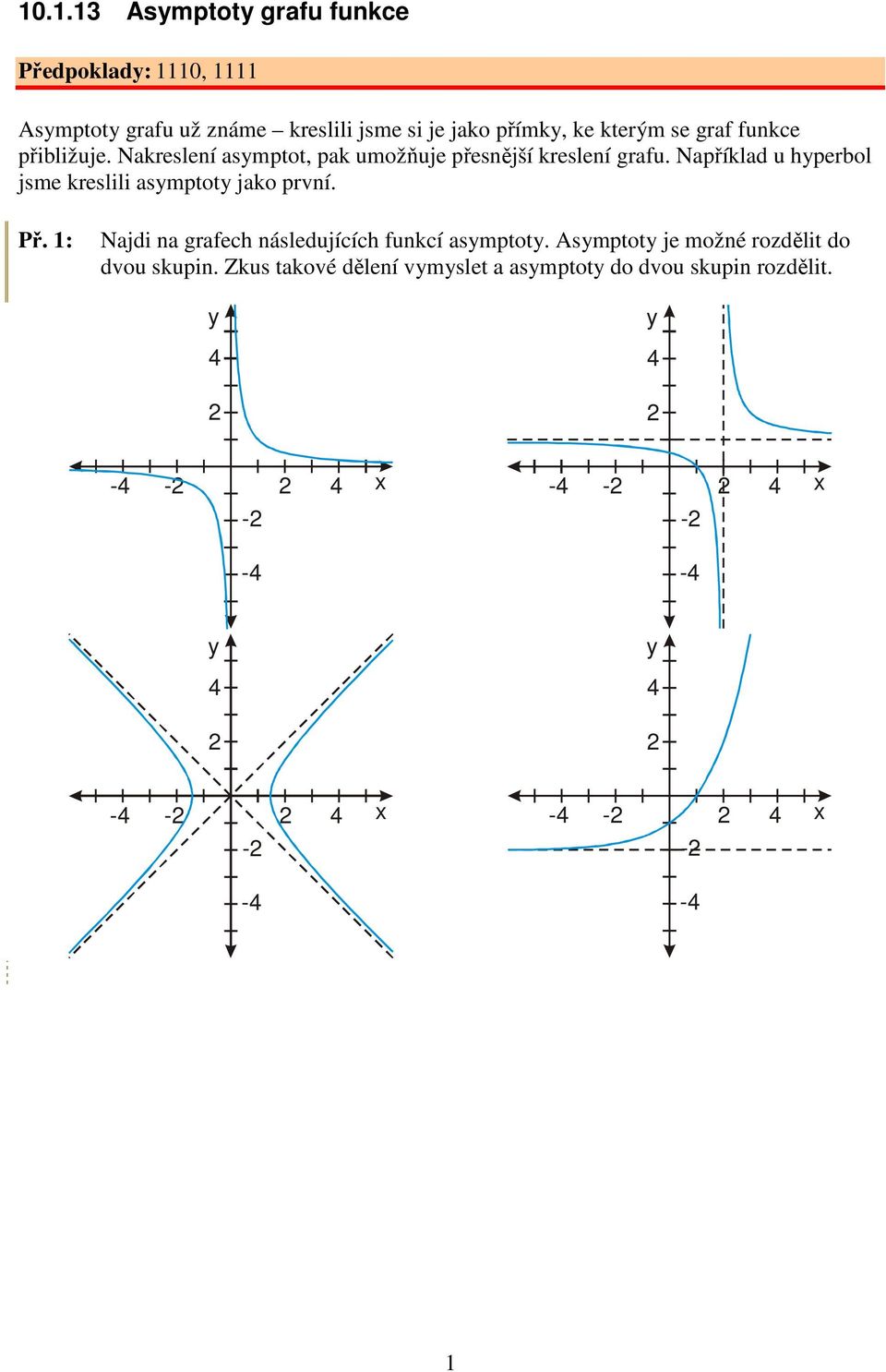 Například u hperbol jsme kreslili asmptot jako první. Př. : Najdi na grafech následujících funkcí asmptot.