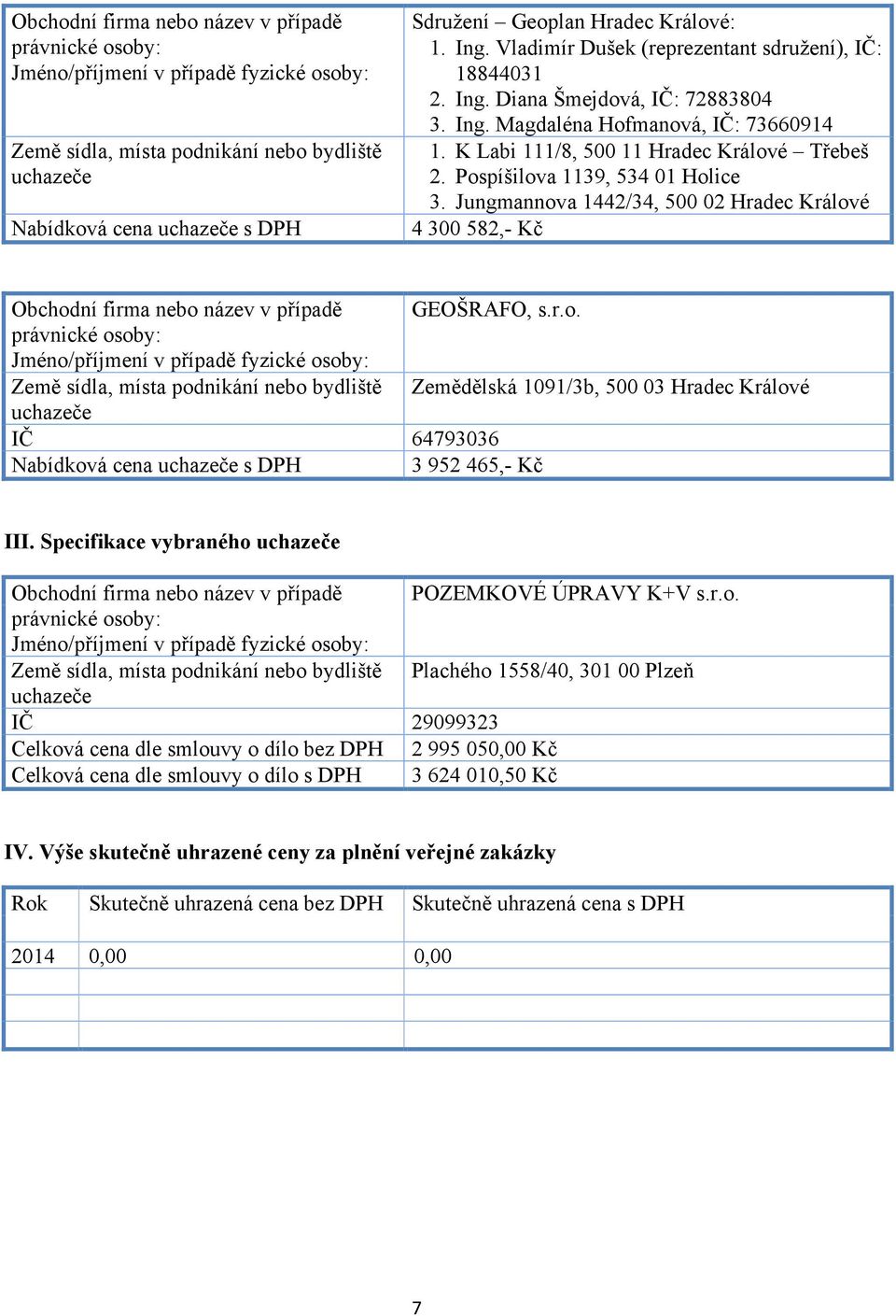 Specifikace vybraného POZEMKOVÉ ÚPRAVY K+V s.r.o. Plachého 1558/40, 301 00 Plzeň IČ 29099323 Celková cena dle smlouvy o dílo bez DPH 2 995 050,00 Kč Celková cena dle smlouvy o dílo s DPH 3 624 010,50 Kč IV.