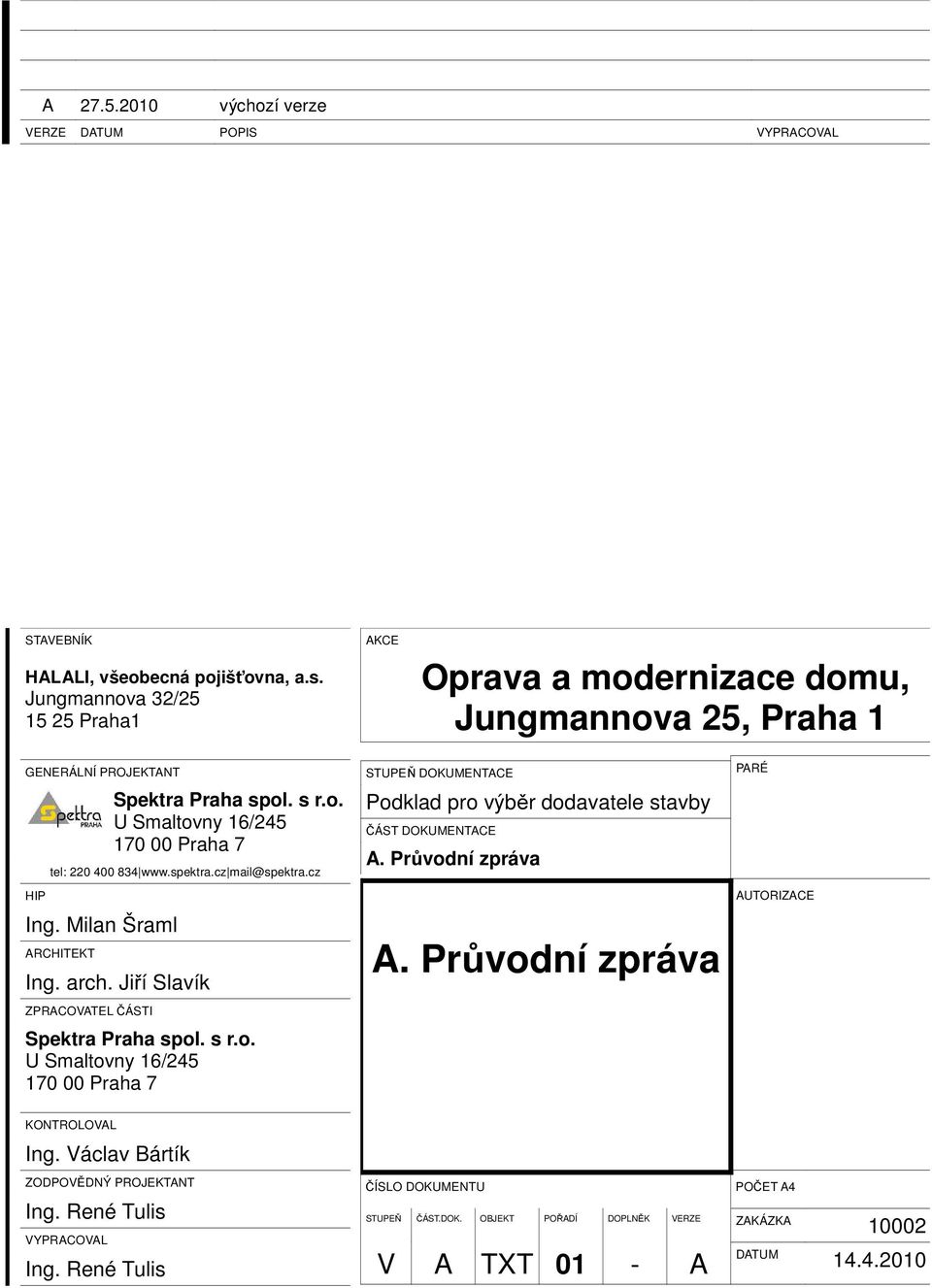 spektra.cz mail@spektra.cz Ing. Milan Šraml ARCHITEKT Ing. arch. Jiří Slavík ZPRACOVATEL ČÁSTI Spektra Praha spol