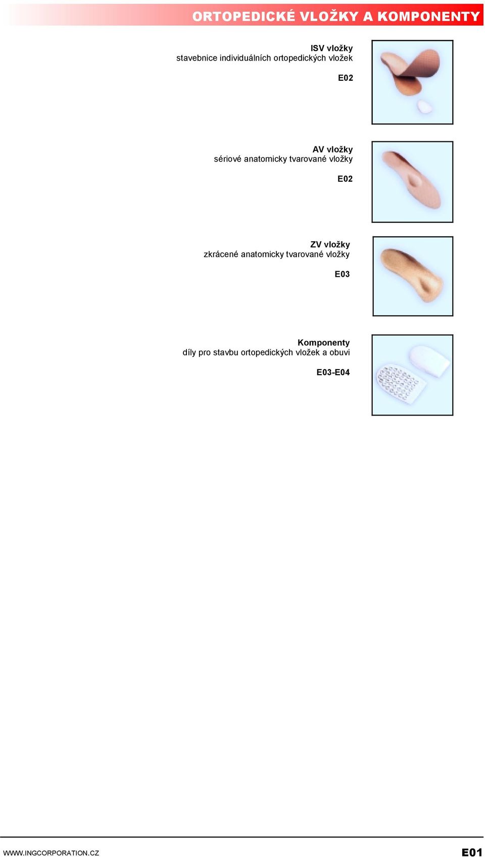 E02 ZV vložky zkrácené anatomicky tvarované vložky E03 Komponenty díly