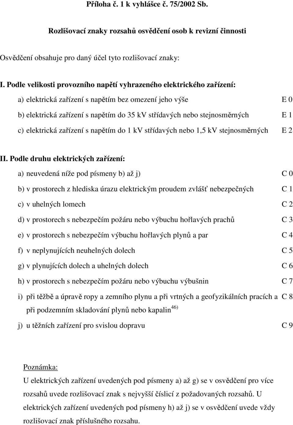 stejnosměrných E 1 c) elektrická zařízení s napětím do 1 kv střídavých nebo 1,5 kv stejnosměrných E 2 II.