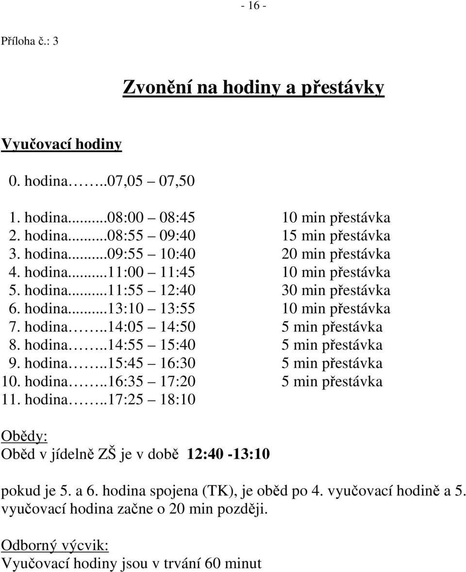 hodina..14: 1:40 min přestávka 9. hodina..1:4 16:30 min přestávka 10. hodina..16:3 17:20 min přestávka 11. hodina..17:2 18:10 Obědy: Oběd v jídelně ZŠ je v době 12:40-13:10 pokud je.