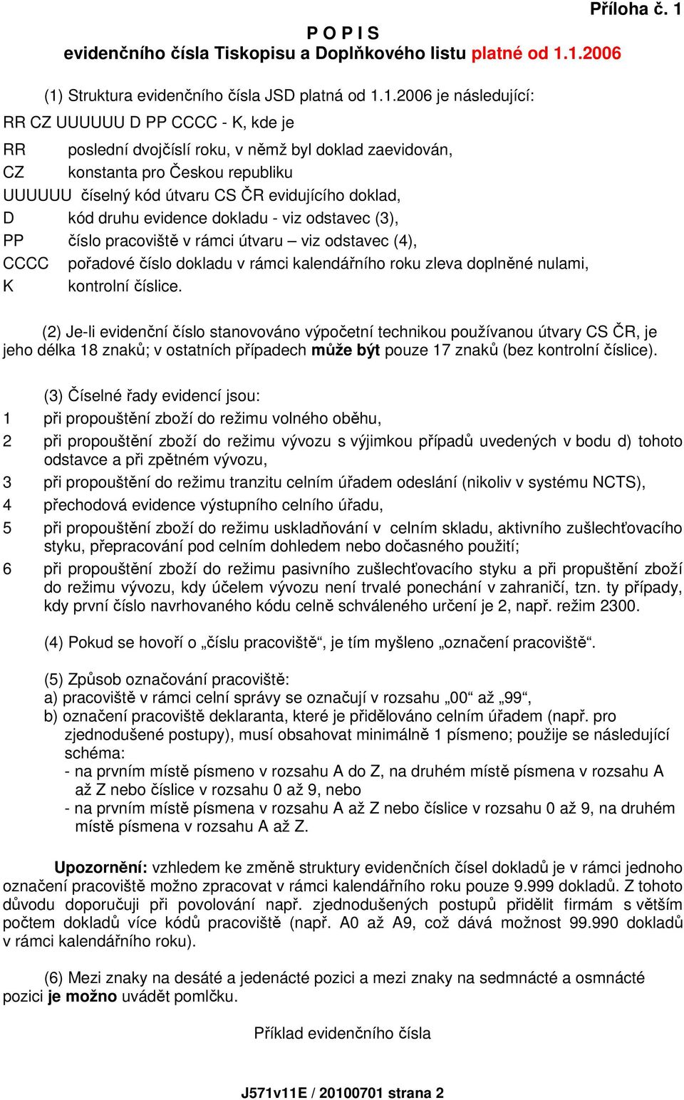 1.2006 (1) Struktura evidenčního čísla JSD platná od 1.1.2006 je následující: RR CZ UUUUUU D PP CCCC - K, kde je RR poslední dvojčíslí roku, v němž byl doklad zaevidován, CZ konstanta pro Českou