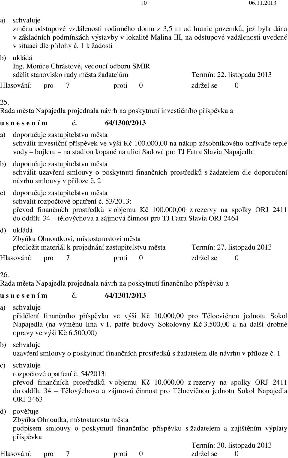 64/1300/2013 a) doporučuje zastupitelstvu města schválit investiční příspěvek ve výši Kč 100.