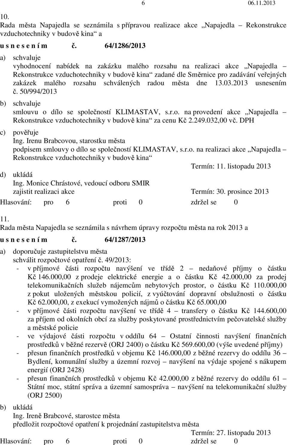 schválených radou města dne 13.03.2013 usnesením č. 50/994/2013 b) schvaluje smlouvu o dílo se společností KLIMASTAV, s.r.o. na provedení akce Napajedla Rekonstrukce vzduchotechniky v budově kina za cenu Kč 2.