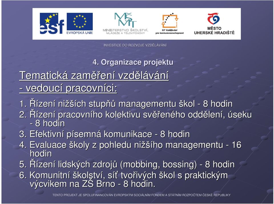 Řízení pracovního kolektivu svěř ěřeného oddělen lení, úseku - 8 hodin 3. Efektivní písemná komunikace - 8 hodin 4.