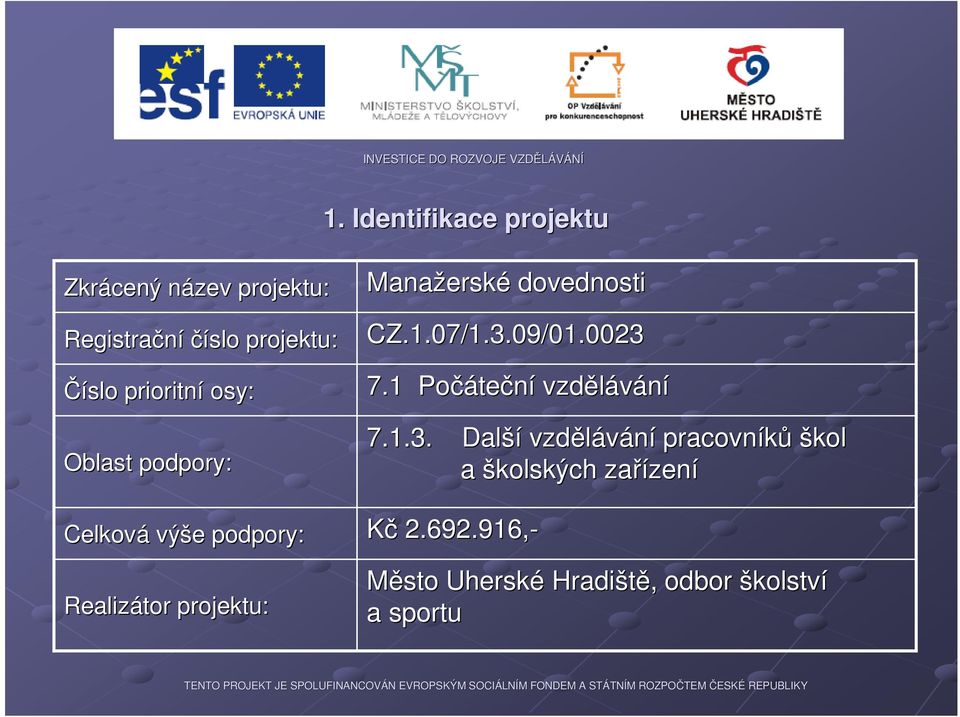 dovednosti CZ.1.07/1.3.09/01.0023 7.1 Počáte teční vzdělávání 7.1.3. Další vzdělávání pracovníků škol a školských zařízen zení Kč 2.