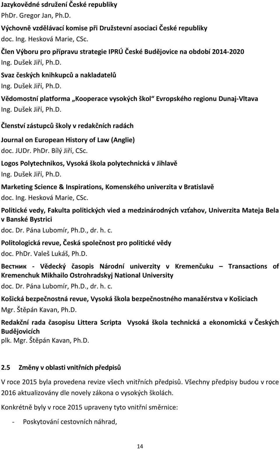 Dušek Jiří, Ph.D. Členství zástupců školy v redakčních radách Journal on European History of Law (Anglie) doc. JUDr. PhDr. Bílý Jiří, CSc.