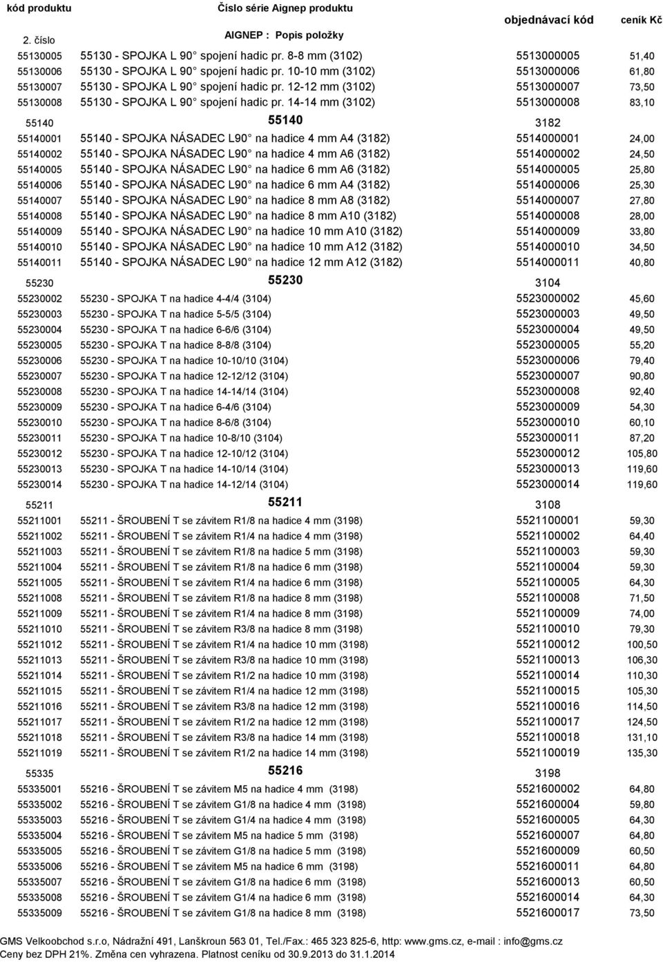 14-14 mm (3102) 5513000008 83,10 55140 55140 3182 55140001 55140 - SPOJKA NÁSADEC L90 na hadice 4 mm A4 (3182) 5514000001 24,00 55140002 55140 - SPOJKA NÁSADEC L90 na hadice 4 mm A6 (3182) 5514000002