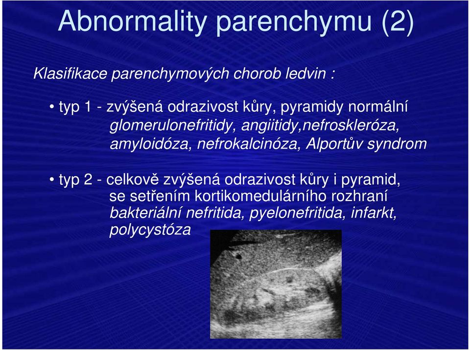 amyloidóza, nefrokalcinóza, Alportův syndrom typ 2 - celkově zvýšená odrazivost kůry i