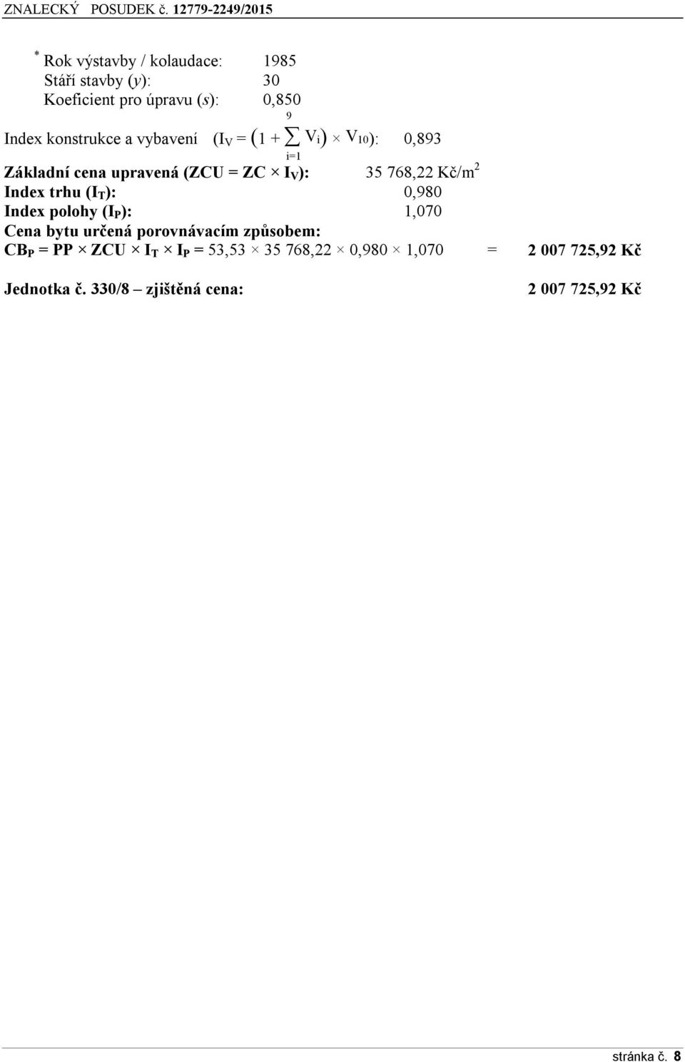 trhu (I T ): 0,980 Index polohy (I P ): 1,070 Cena bytu určená porovnávacím způsobem: CB P = PP ZCU I T I P