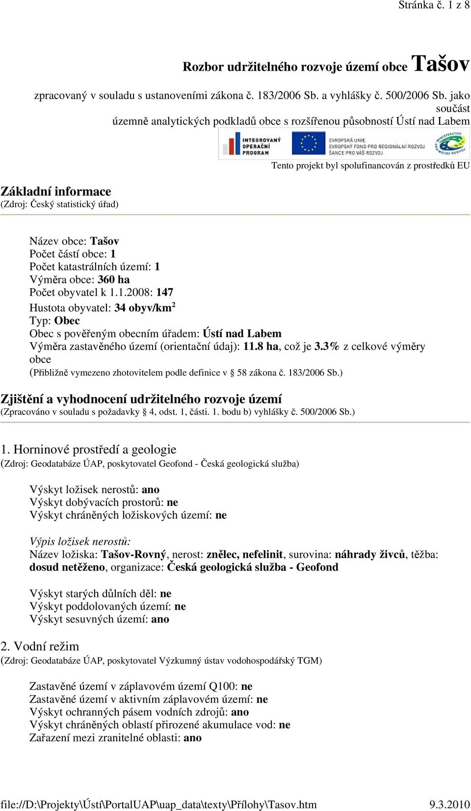 Tašov Počet částí obce: 1 Počet katastrálních území: 1 Výměra obce: 360 ha Počet obyvatel k 1.1.2008: 147 Hustota obyvatel: 34 obyv/km 2 Typ: Obec Obec s pověřeným obecním úřadem: Ústí nad Labem Výměra zastavěného území (orientační údaj): 11.