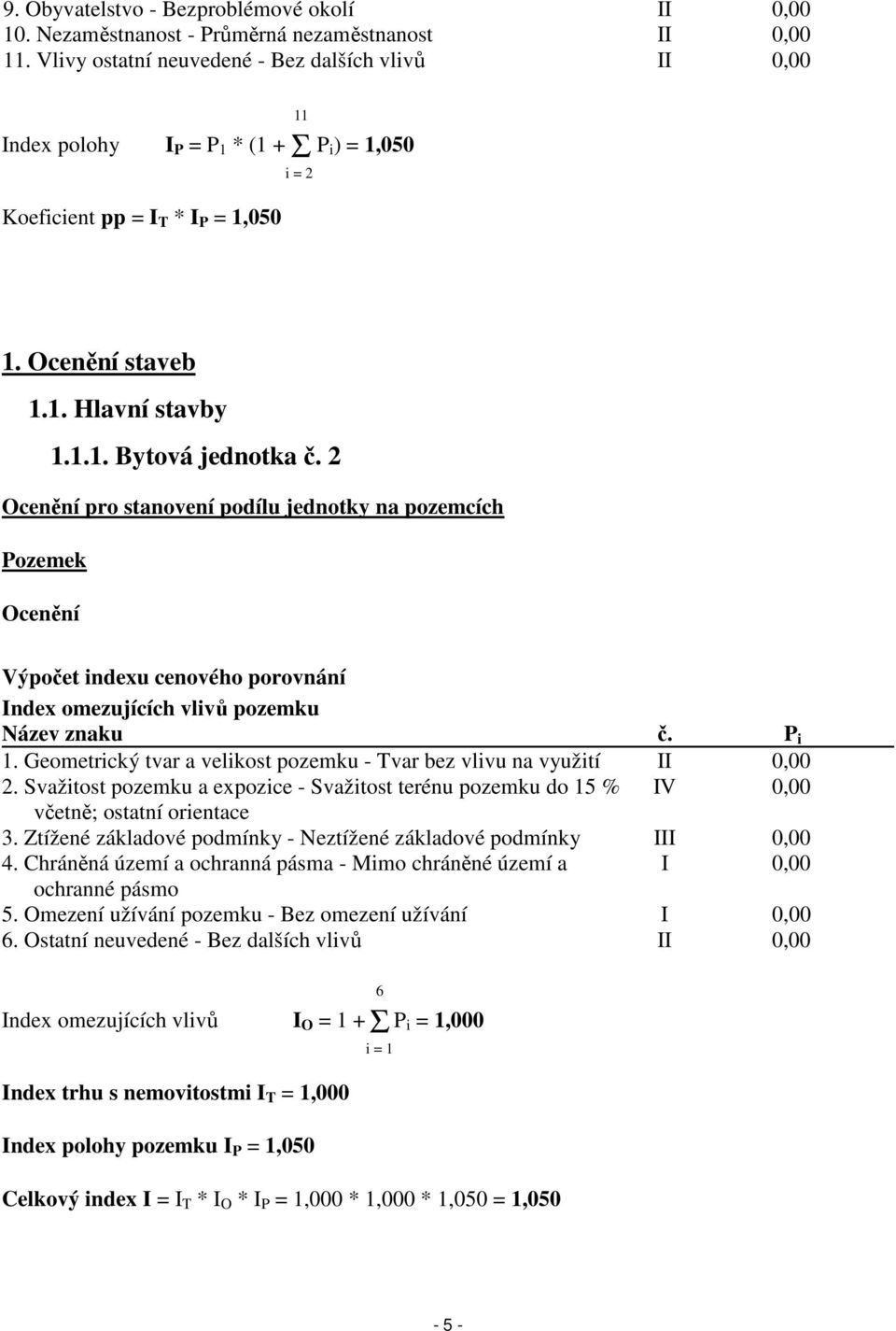 2 Ocenění pro stanovení podílu jednotky na pozemcích Pozemek Ocenění Výpočet indexu cenového porovnání Index omezujících vlivů pozemku Název znaku č. P i 1.