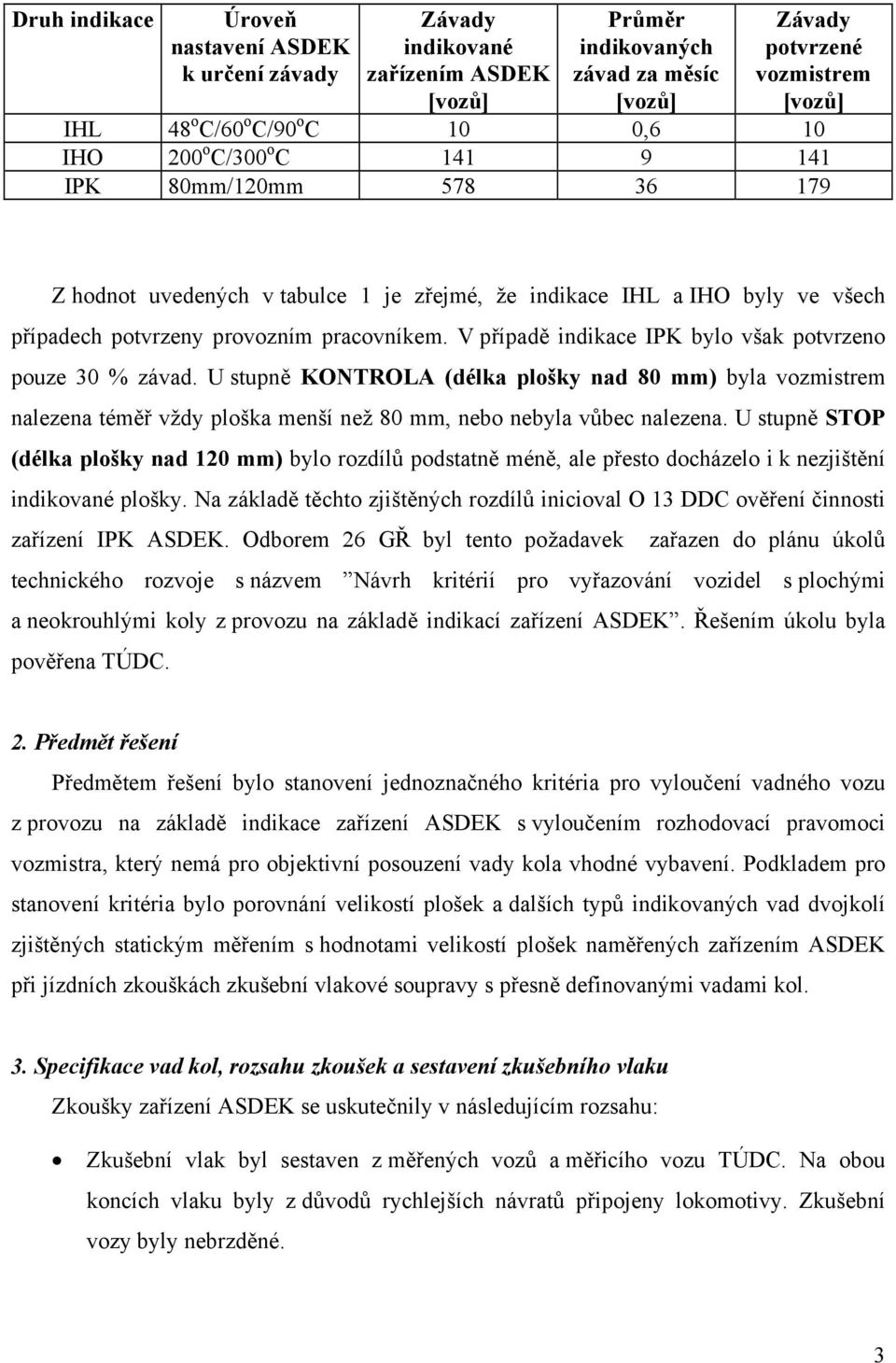 V případě indikace IPK bylo však potvrzeno pouze 30 % závad. U stupně KONTROLA (délka plošky nad 80 mm) byla vozmistrem nalezena téměř vždy ploška menší než 80 mm, nebo nebyla vůbec nalezena.