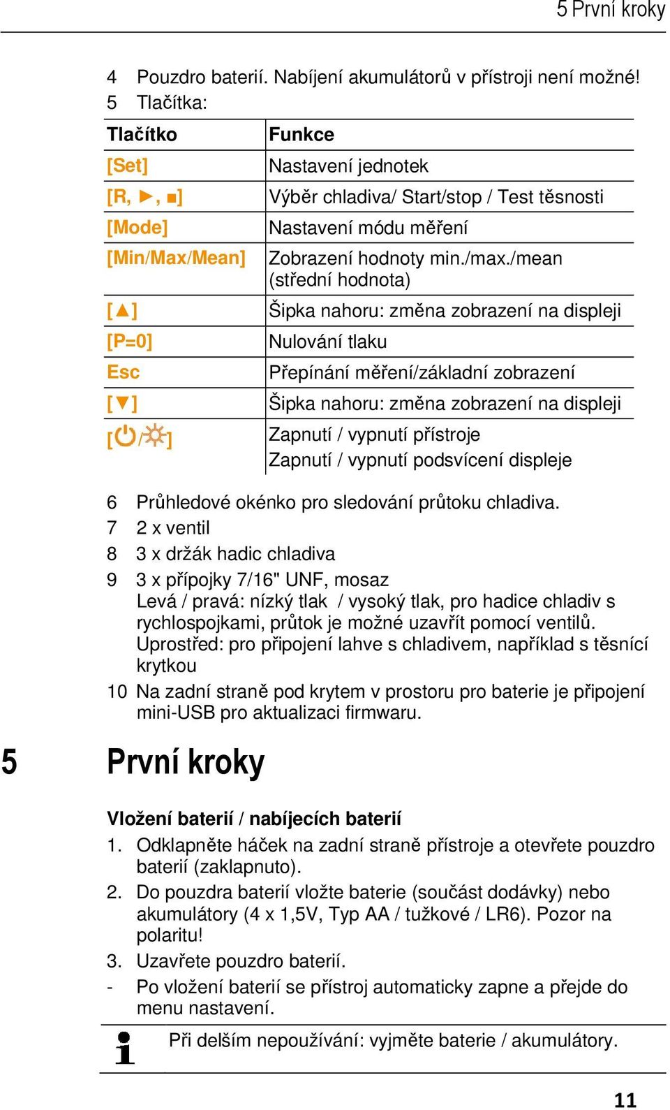 /mean (střední hodnota) Šipka nahoru: změna zobrazení na displeji Nulování tlaku Přepínání měření/základní zobrazení Šipka nahoru: změna zobrazení na displeji [ / ] Zapnutí / vypnutí přístroje