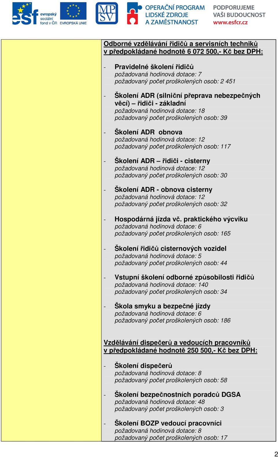 požadovaný počet proškolených osob: 117 - Školení ADR řidiči - cisterny požadovaná hodinová dotace: 12 požadovaný počet proškolených osob: 30 - Školení ADR - obnova cisterny požadovaná hodinová