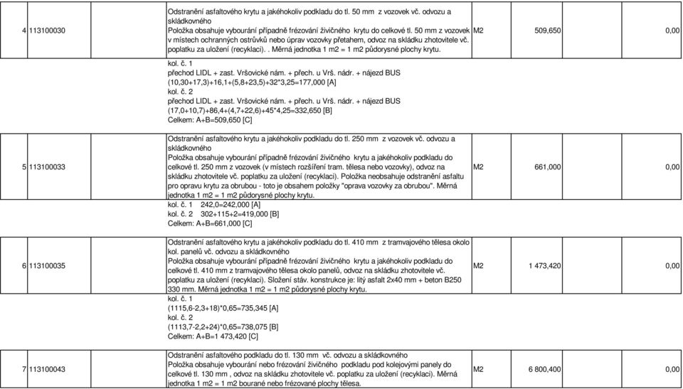 . Měrná jednotka 1 m2 = 1 m2 půdorysné plochy krytu. 5 113100033 kol. č. 1 přechod LIDL + zast. Vršovické nám. + přech. u Vrš. nádr. + nájezd BUS (10,30+17,3)+16,1+(5,8+23,5)+32*3,25=177,000 [A] kol.