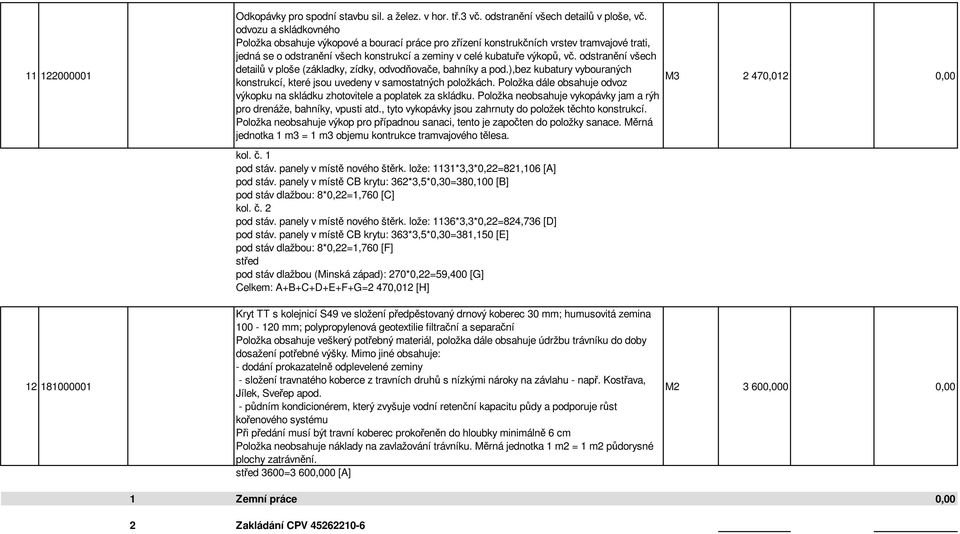 odstranění všech detailů v ploše (základky, zídky, odvodňovače, bahníky a pod.),bez kubatury vybouraných konstrukcí, které jsou uvedeny v samostatných položkách.