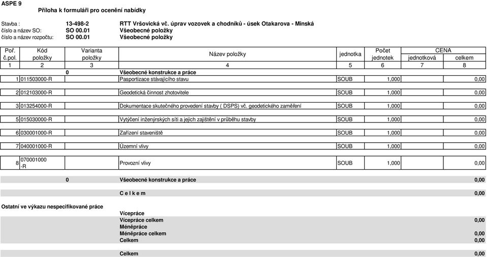 žky číslo a název rozpočtu: SO 00.žky Poř. Kód Varianta Počet CENA Název polo