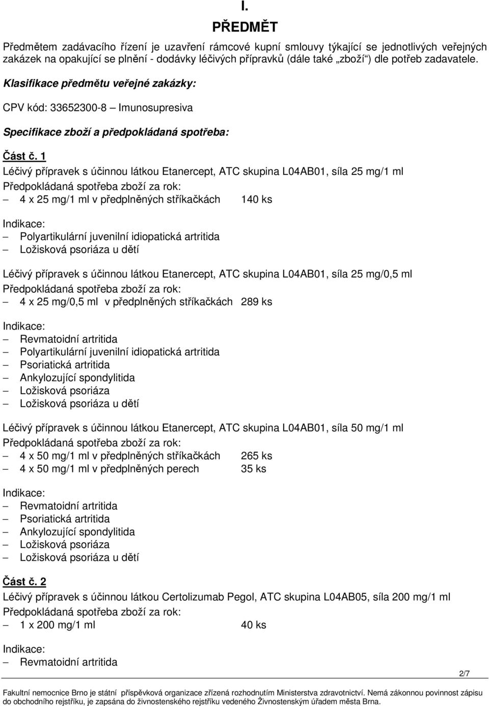1 Léčivý přípravek s účinnou látkou Etanercept, ATC skupina L04AB01, síla 25 mg/1 ml 4 x 25 mg/1 ml v předplněných stříkačkách 140 ks Polyartikulární juvenilní idiopatická artritida Ložisková